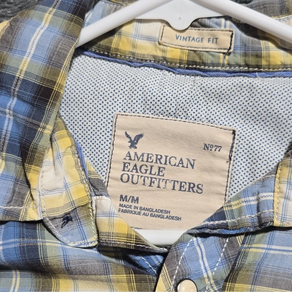 American Eagle Outfitters Vintage Fit Blue Yellow Plaid Button-Up Shirt, M